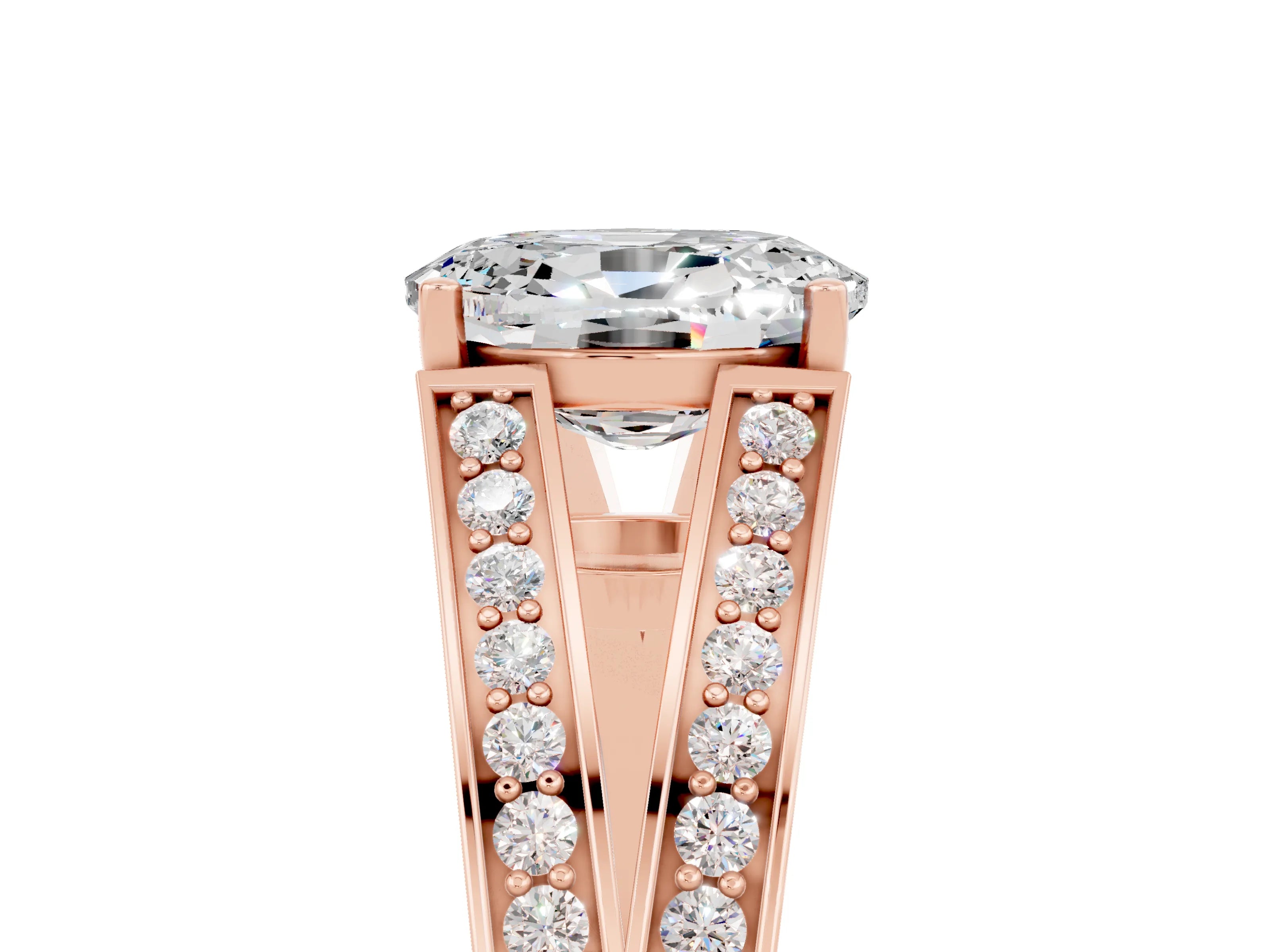 Rose gold Oval Cut Moissanite Split Shank Ring with Pavé Band and Four-Prong Setting_5