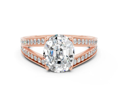 Rose gold Oval Cut Moissanite Split Shank Ring with Pavé Band and Four-Prong Setting