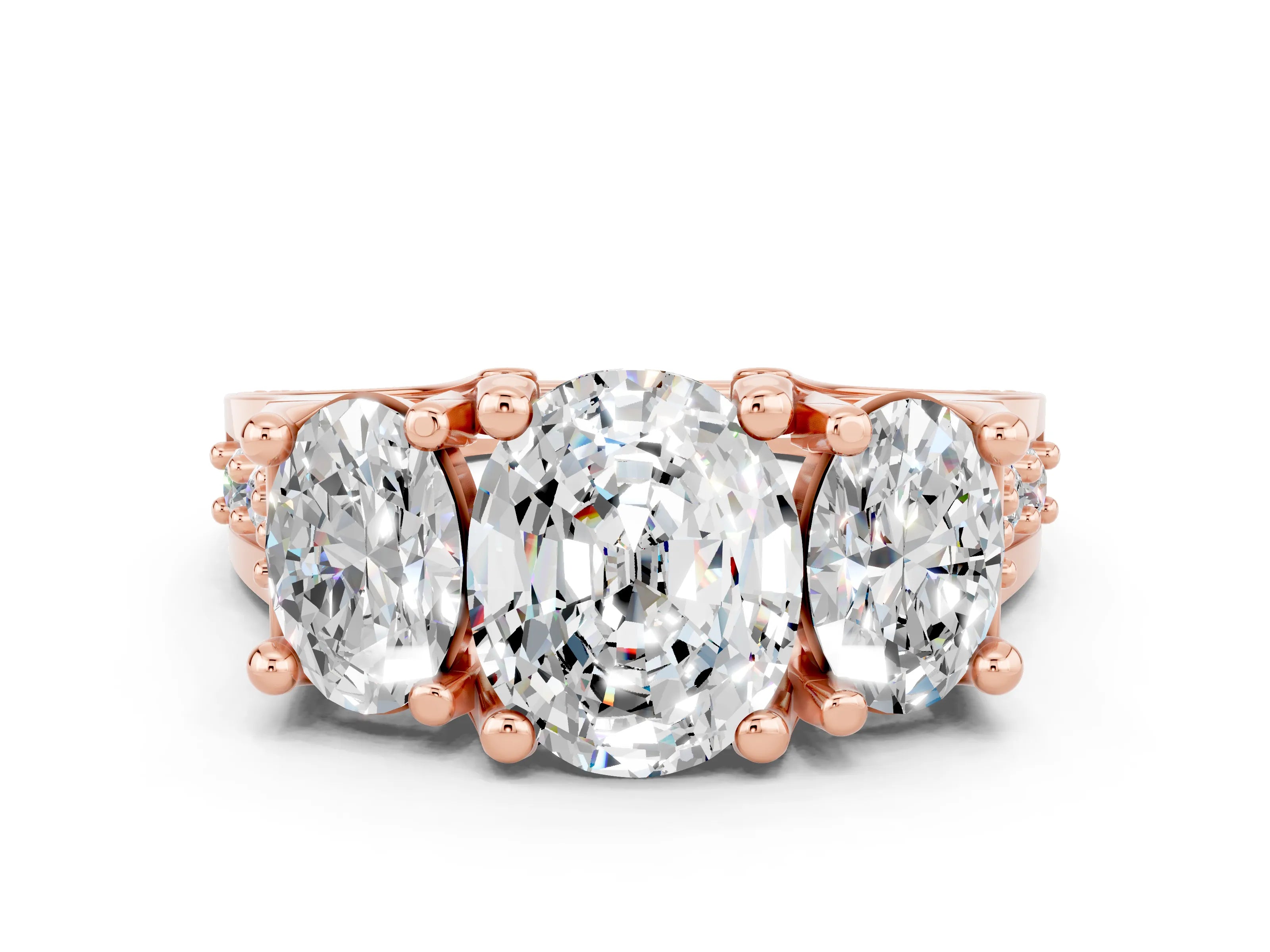Rose gold Oval Cut Moissanite Three-Stone Ring with Channel Set Band and Four-Prong Setting