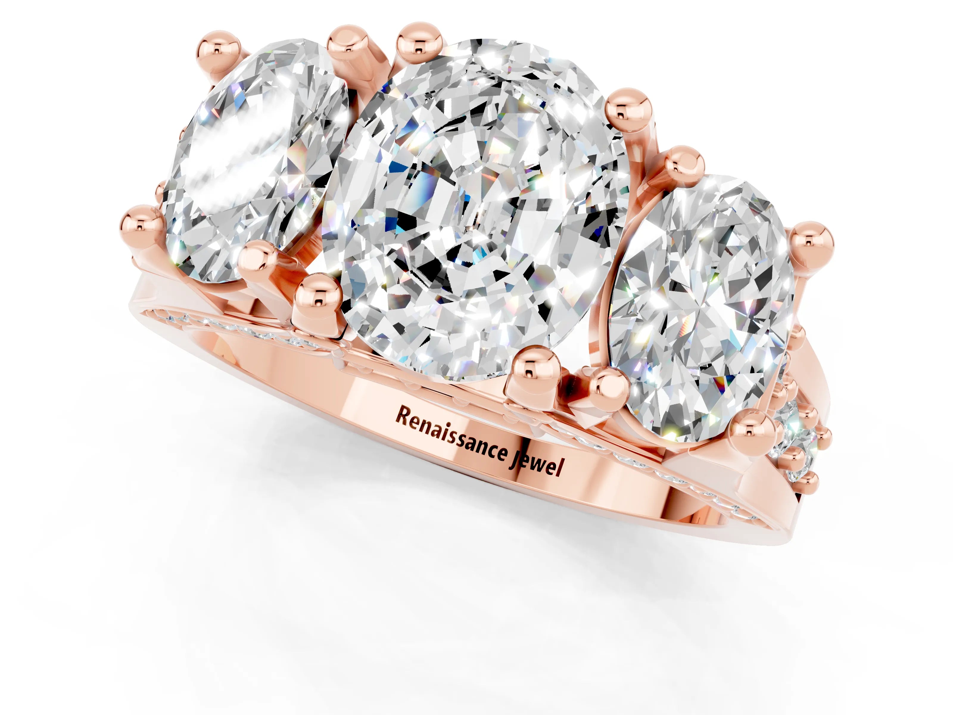 Rose gold Oval Cut Moissanite Three-Stone Ring with Channel Set Band and Four-Prong Setting_1