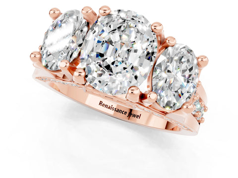 Rose gold Oval Cut Moissanite Three-Stone Ring with Channel Set Band and Four-Prong Setting_1