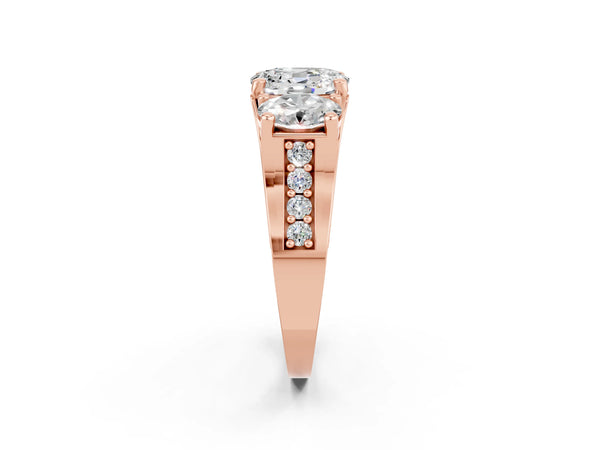 Rose gold Oval Cut Moissanite Three-Stone Ring with Channel Set Band and Four-Prong Setting