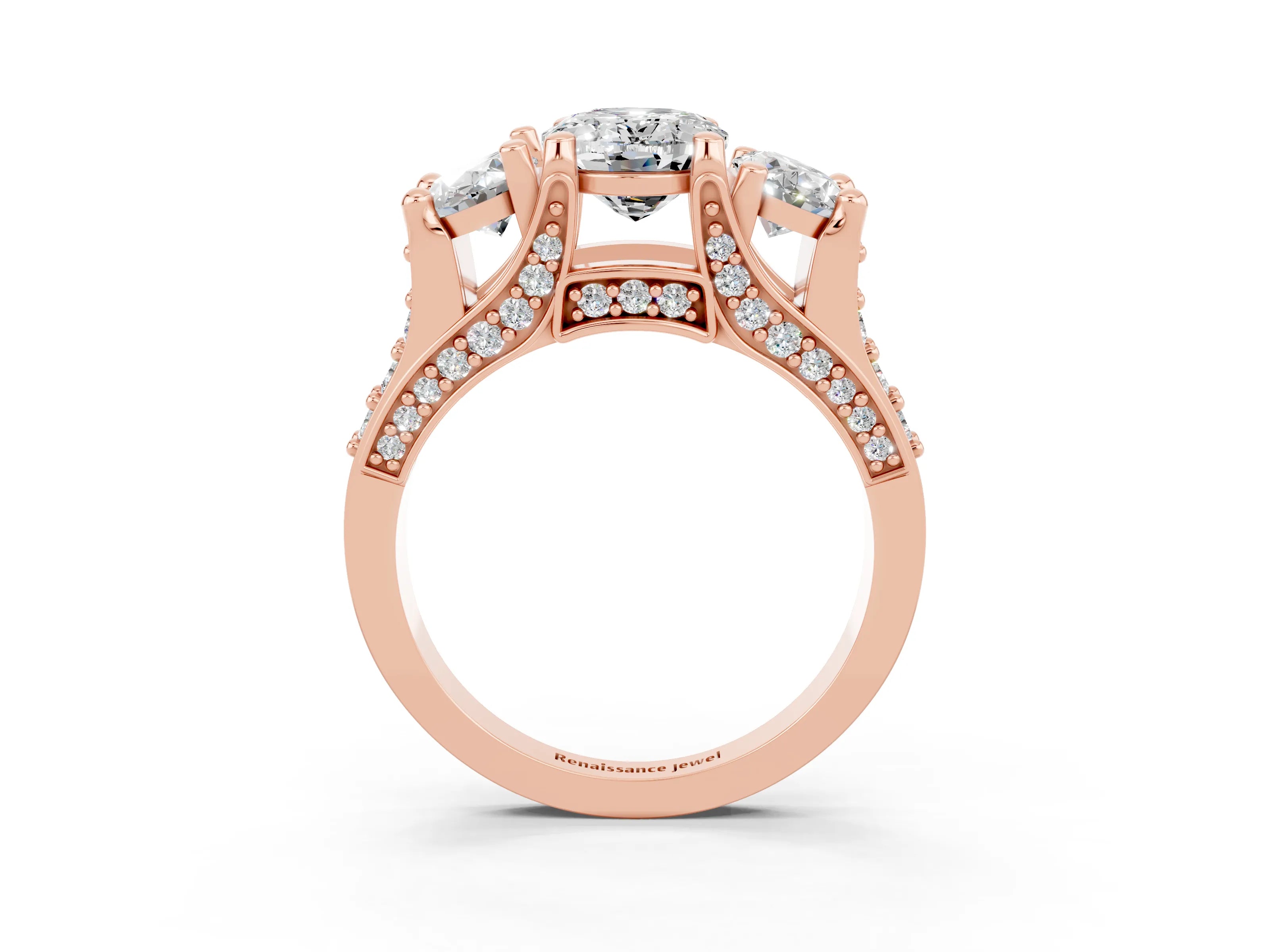 Rose gold Oval Cut Moissanite Three-Stone Ring with Channel Set Band and Four-Prong Setting_3