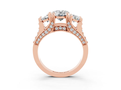 Rose gold Oval Cut Moissanite Three-Stone Ring with Channel Set Band and Four-Prong Setting_3