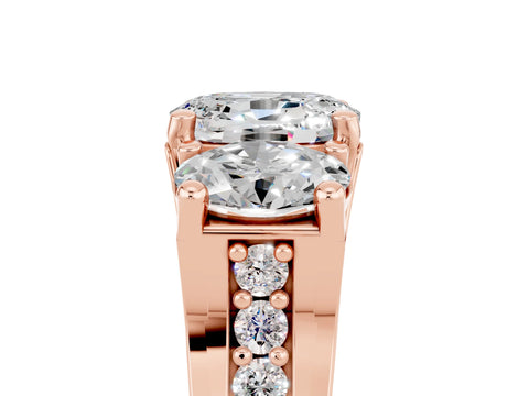 Rose gold Oval Cut Moissanite Three-Stone Ring with Channel Set Band and Four-Prong Setting_5