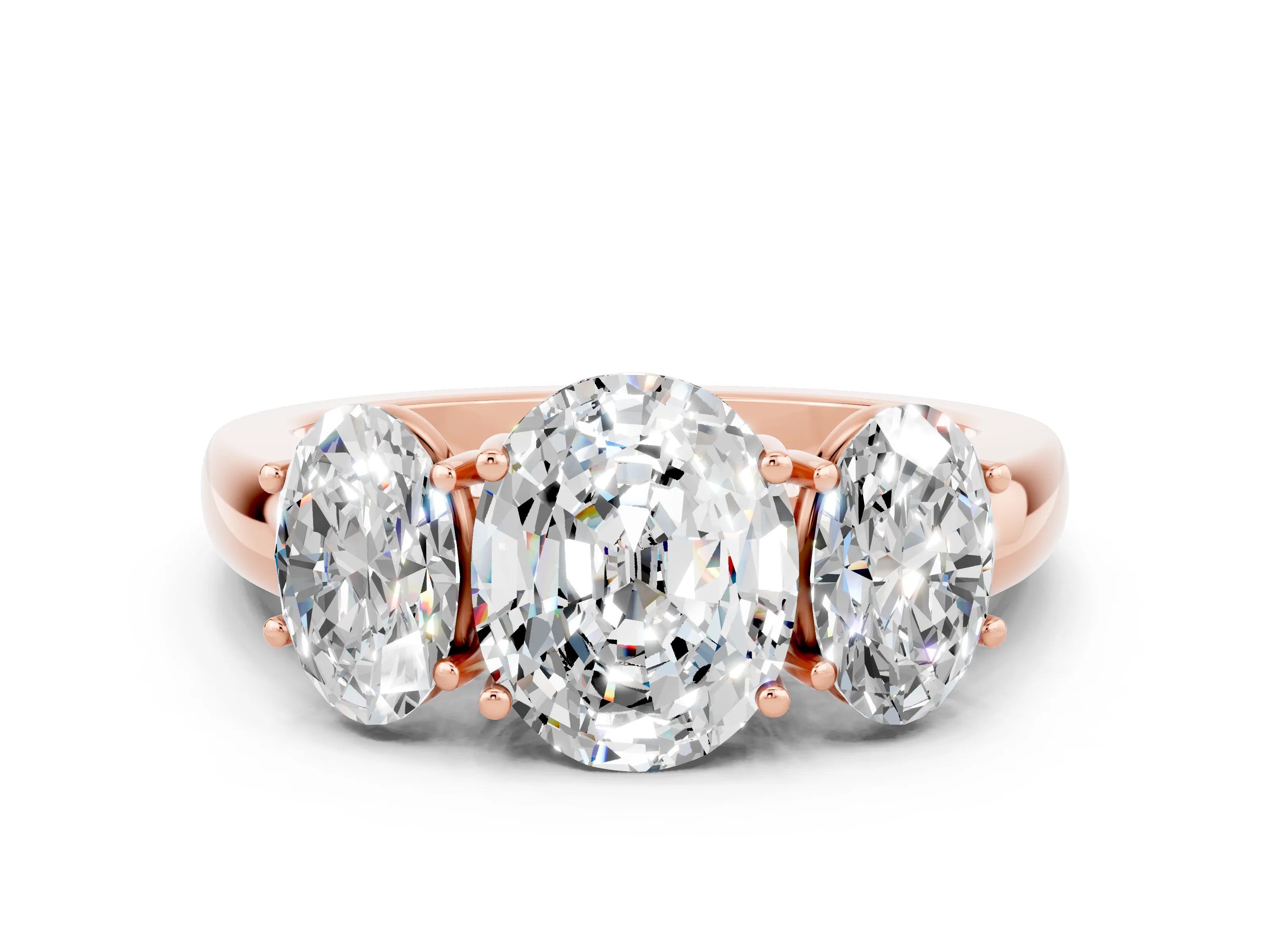 Rose gold Oval Cut Moissanite Three-Stone Ring with Four-Prong Setting and Classic Band