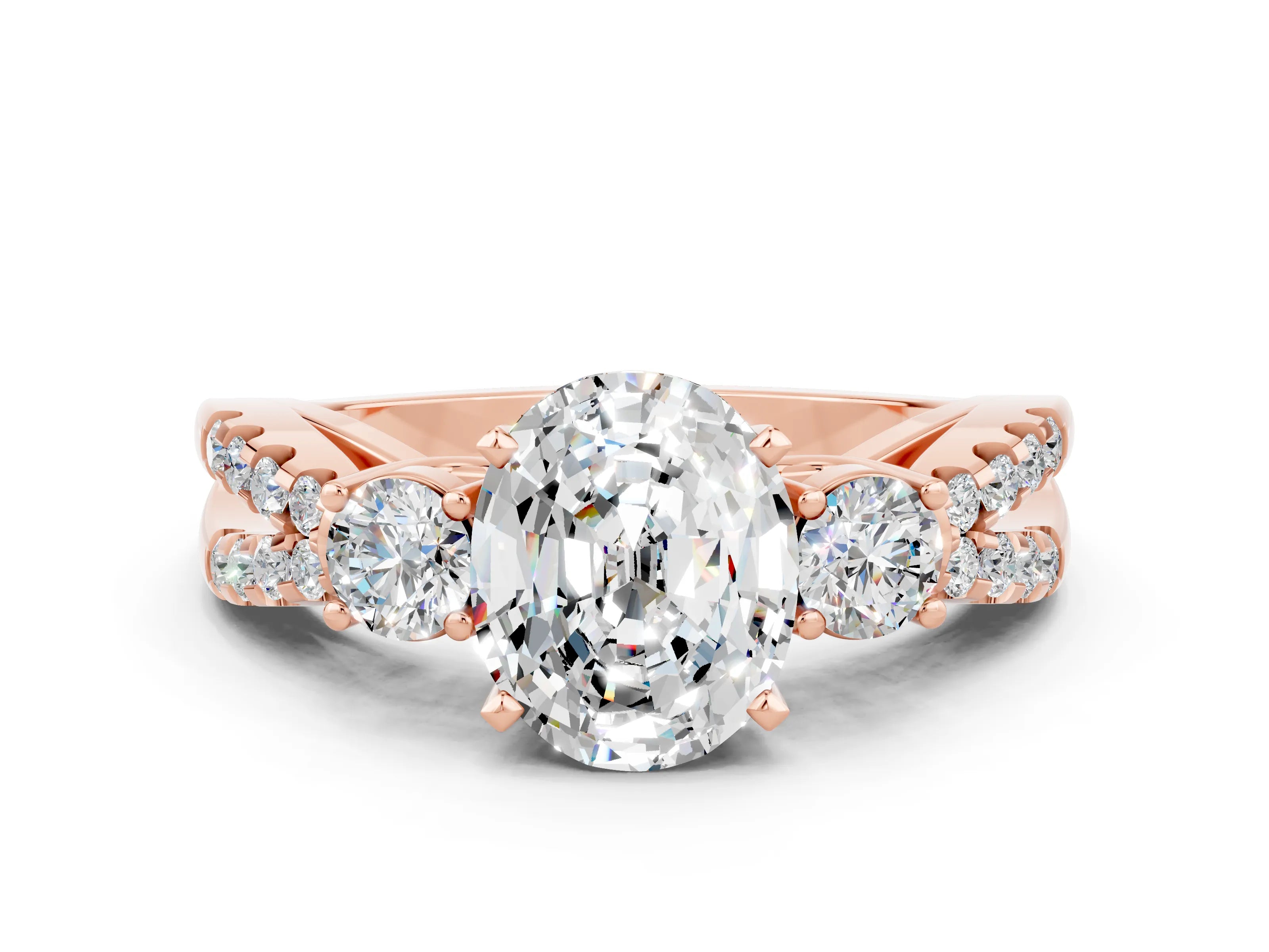 Rose gold Oval Cut Moissanite Three-Stone Ring with Pavé Split Shank and Four-Prong Setting_12