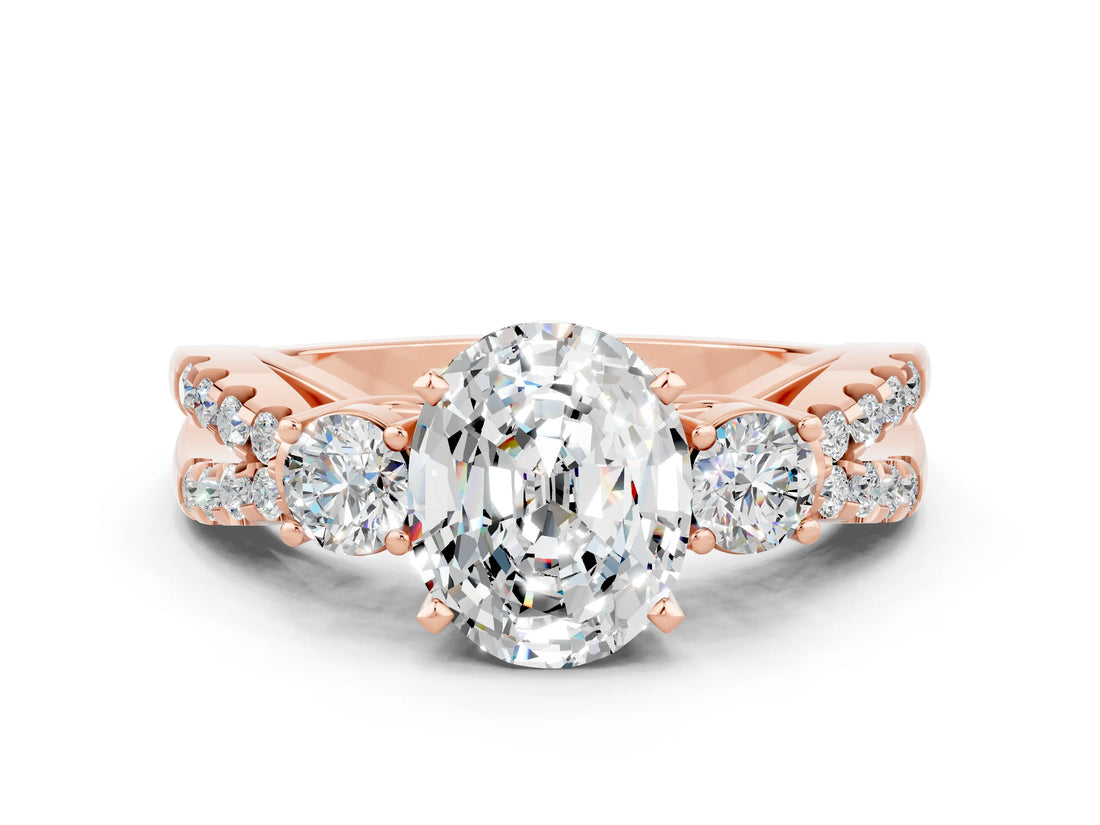Rose gold Oval Cut Moissanite Three-Stone Ring with Pavé Split Shank and Four-Prong Setting_12