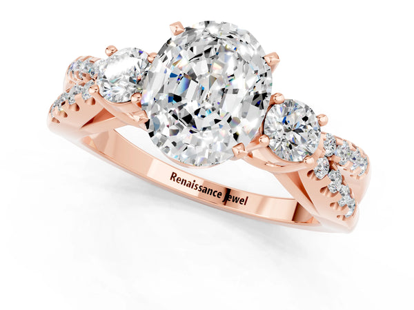 Rose gold Oval Cut Moissanite Three-Stone Ring with Pavé Split Shank and Four-Prong Setting