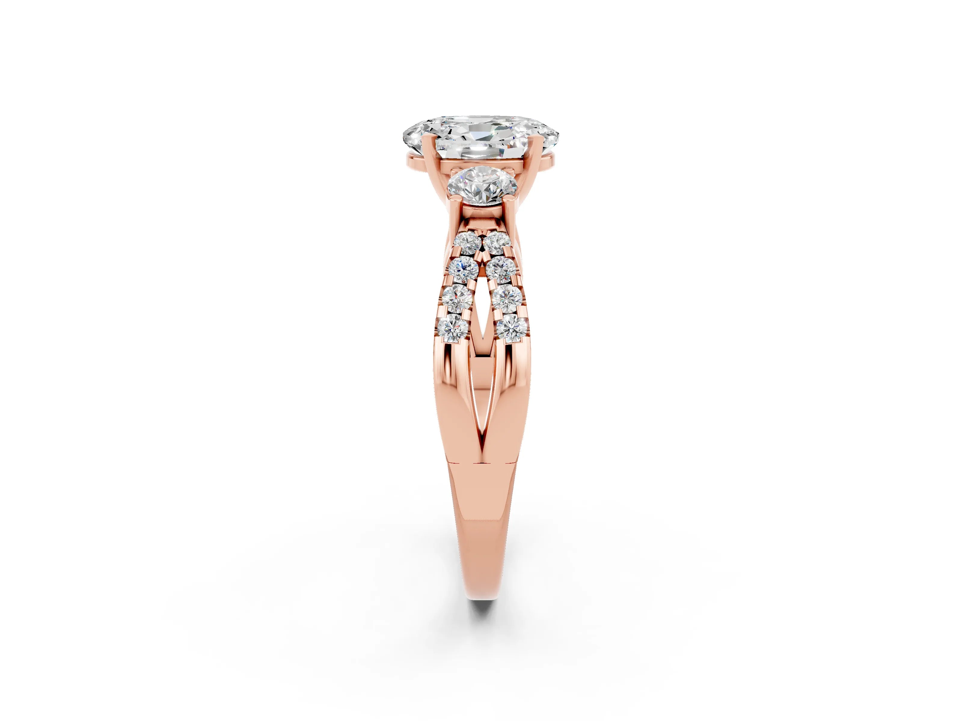Rose gold Oval Cut Moissanite Three-Stone Ring with Pavé Split Shank and Four-Prong Setting_14