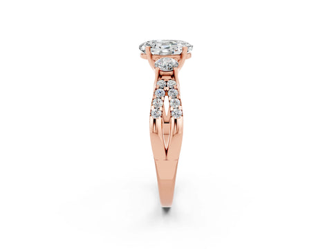 Rose gold Oval Cut Moissanite Three-Stone Ring with Pavé Split Shank and Four-Prong Setting_14