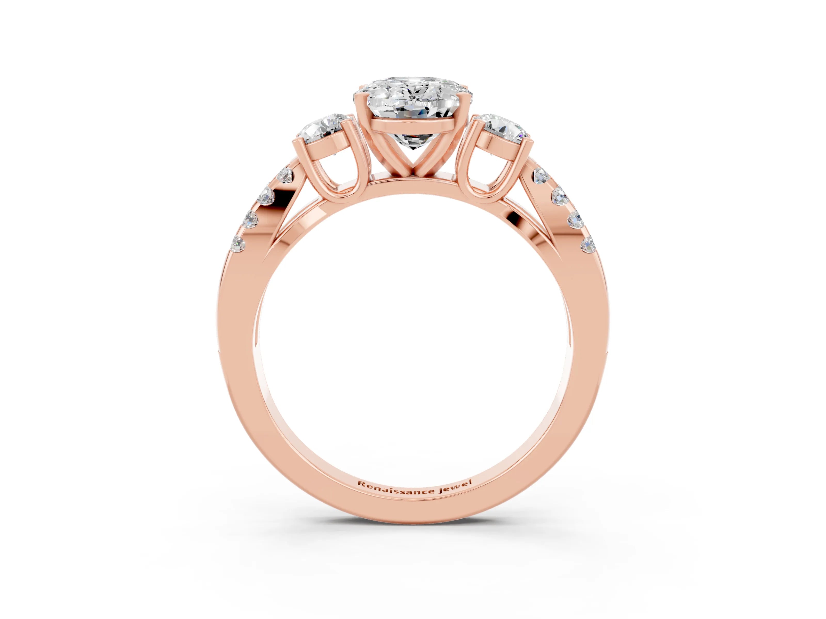 Rose gold Oval Cut Moissanite Three-Stone Ring with Pavé Split Shank and Four-Prong Setting_15
