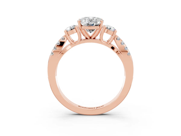 Rose gold Oval Cut Moissanite Three-Stone Ring with Pavé Split Shank and Four-Prong Setting