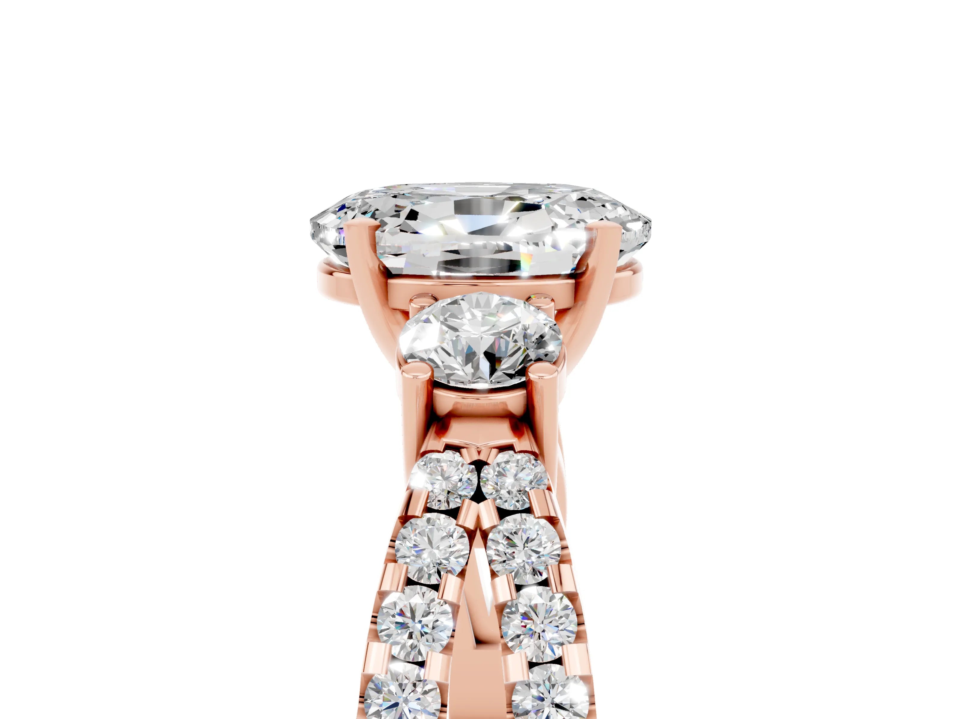 Rose gold Oval Cut Moissanite Three-Stone Ring with Pavé Split Shank and Four-Prong Setting_17