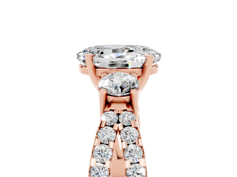 Rose gold Oval Cut Moissanite Three-Stone Ring with Pavé Split Shank and Four-Prong Setting_17