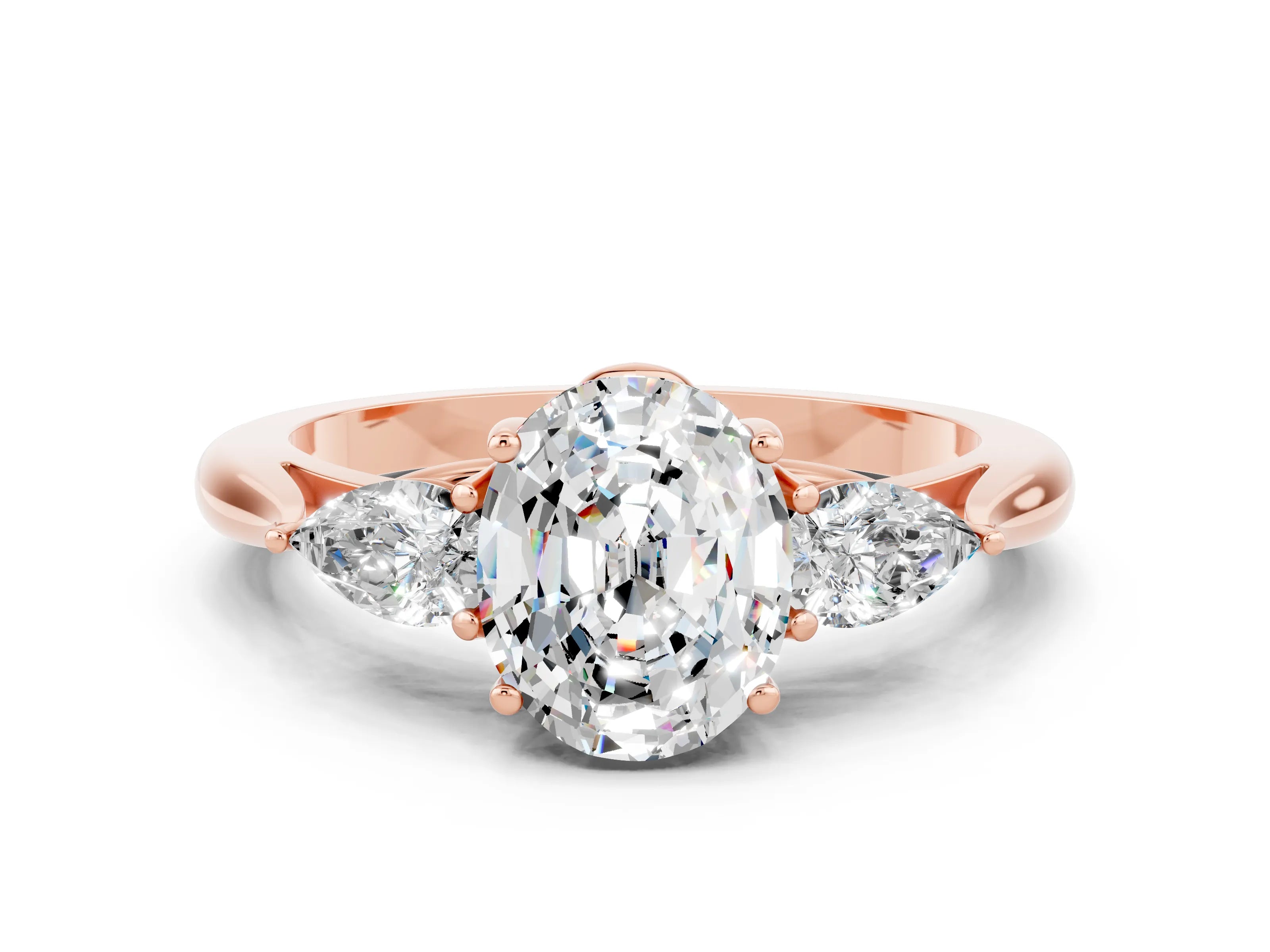 Rose gold Oval Cut Moissanite Three-Stone Ring with Pear Side Stones and Four-Prong Setting_12
