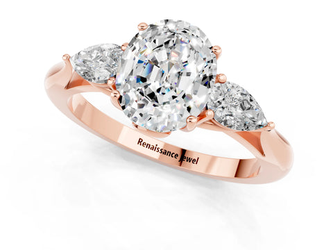 Rose gold Oval Cut Moissanite Three-Stone Ring with Pear Side Stones and Four-Prong Setting_13