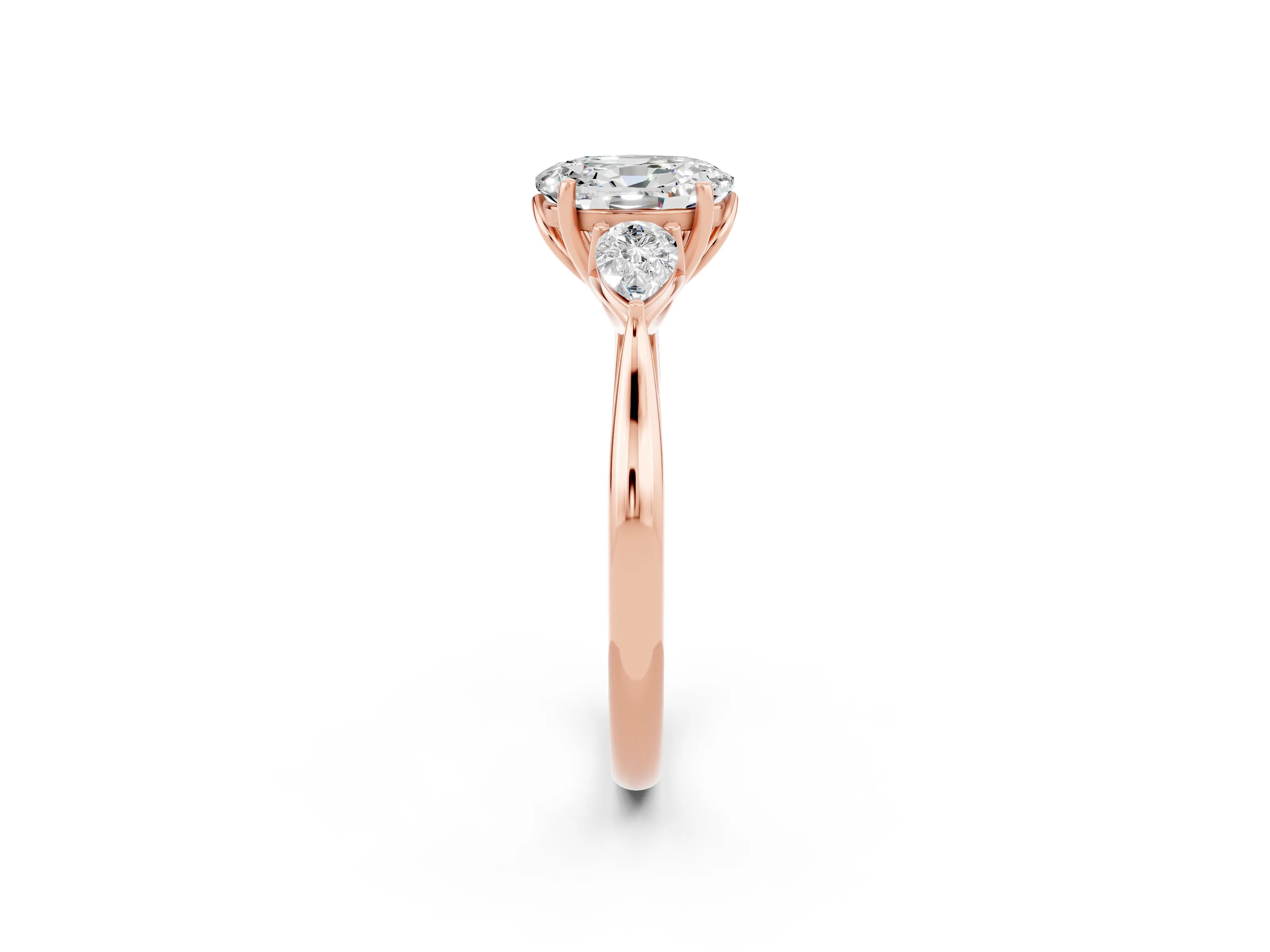 Rose gold Oval Cut Moissanite Three-Stone Ring with Pear Side Stones and Four-Prong Setting_14