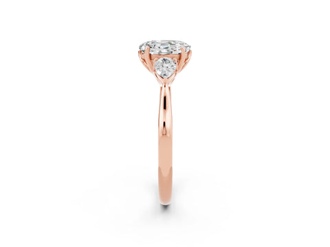 Rose gold Oval Cut Moissanite Three-Stone Ring with Pear Side Stones and Four-Prong Setting_14
