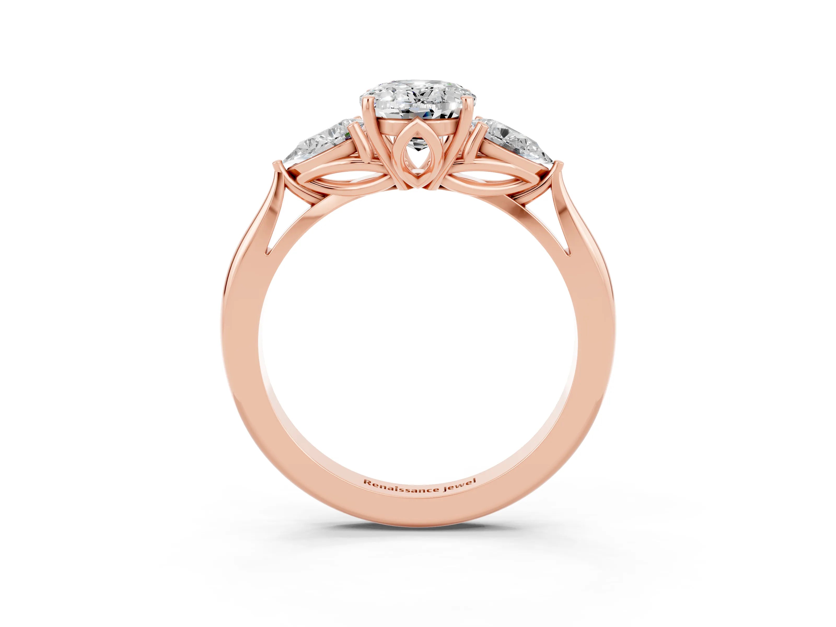Rose gold Oval Cut Moissanite Three-Stone Ring with Pear Side Stones and Four-Prong Setting_15