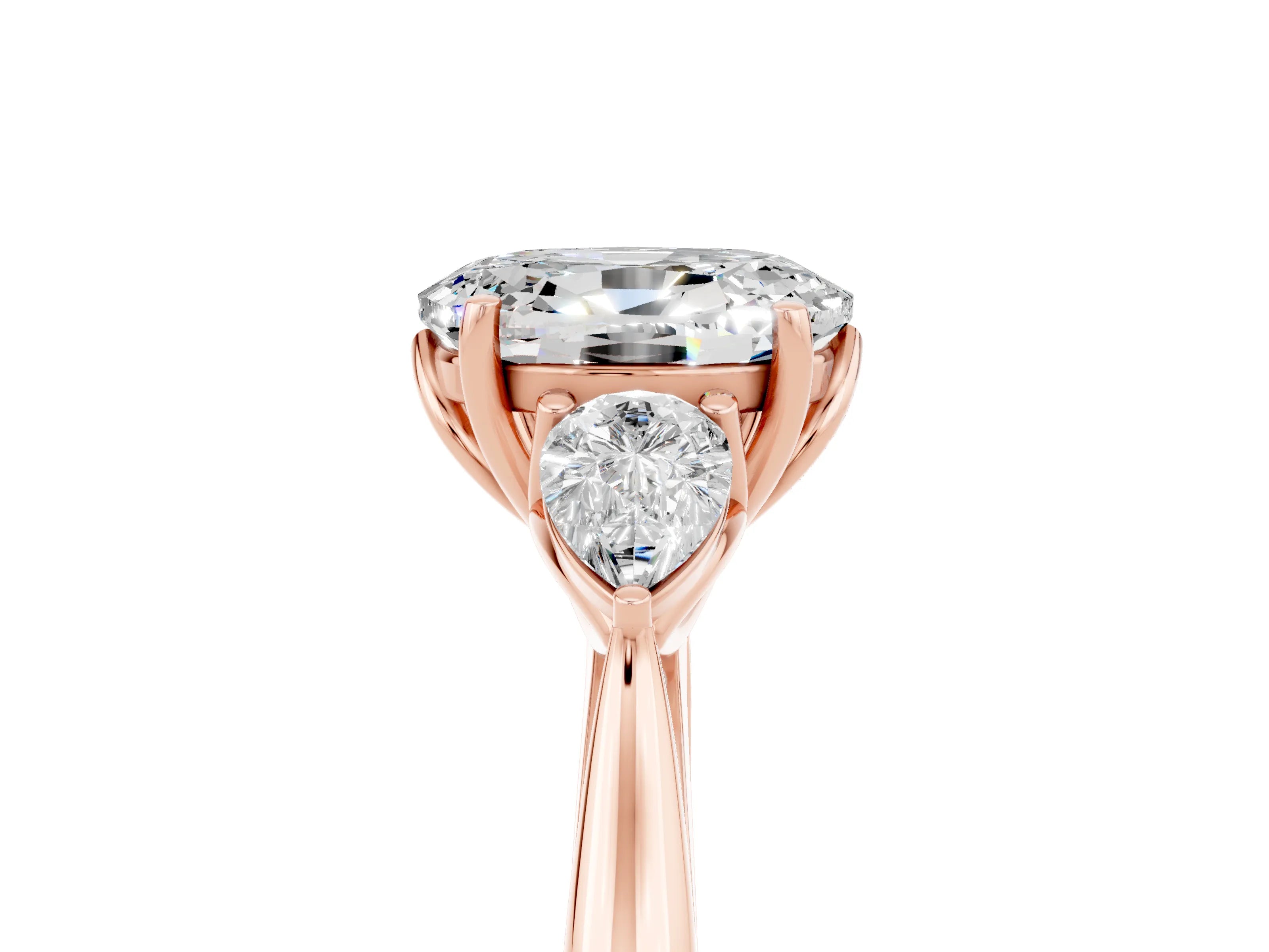 Rose gold Oval Cut Moissanite Three-Stone Ring with Pear Side Stones and Four-Prong Setting_17