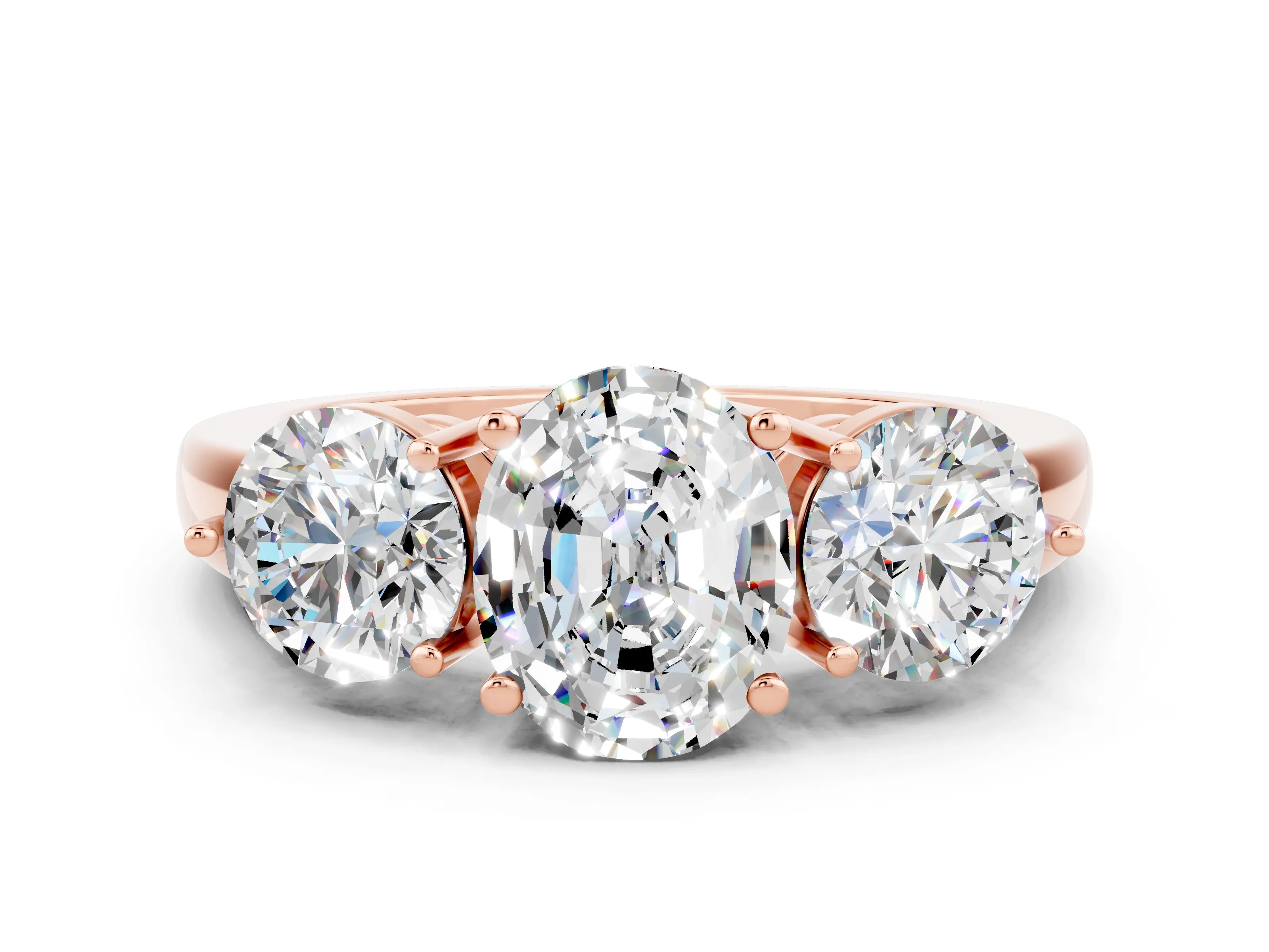 Rose gold Oval Cut Moissanite Three-Stone Ring with Prong Setting and Classic Band
