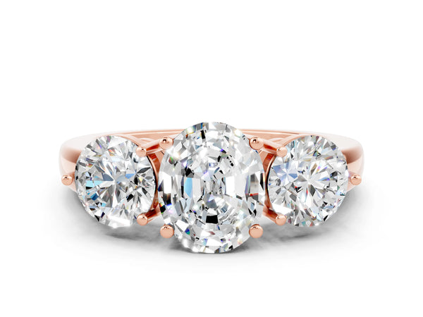 Rose gold Oval Cut Moissanite Three-Stone Ring with Prong Setting and Classic Band