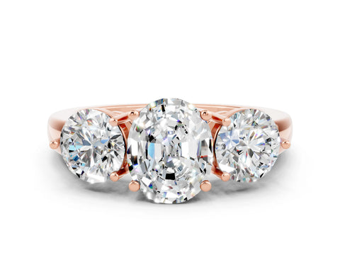 Rose gold Oval Cut Moissanite Three-Stone Ring with Prong Setting and Classic Band