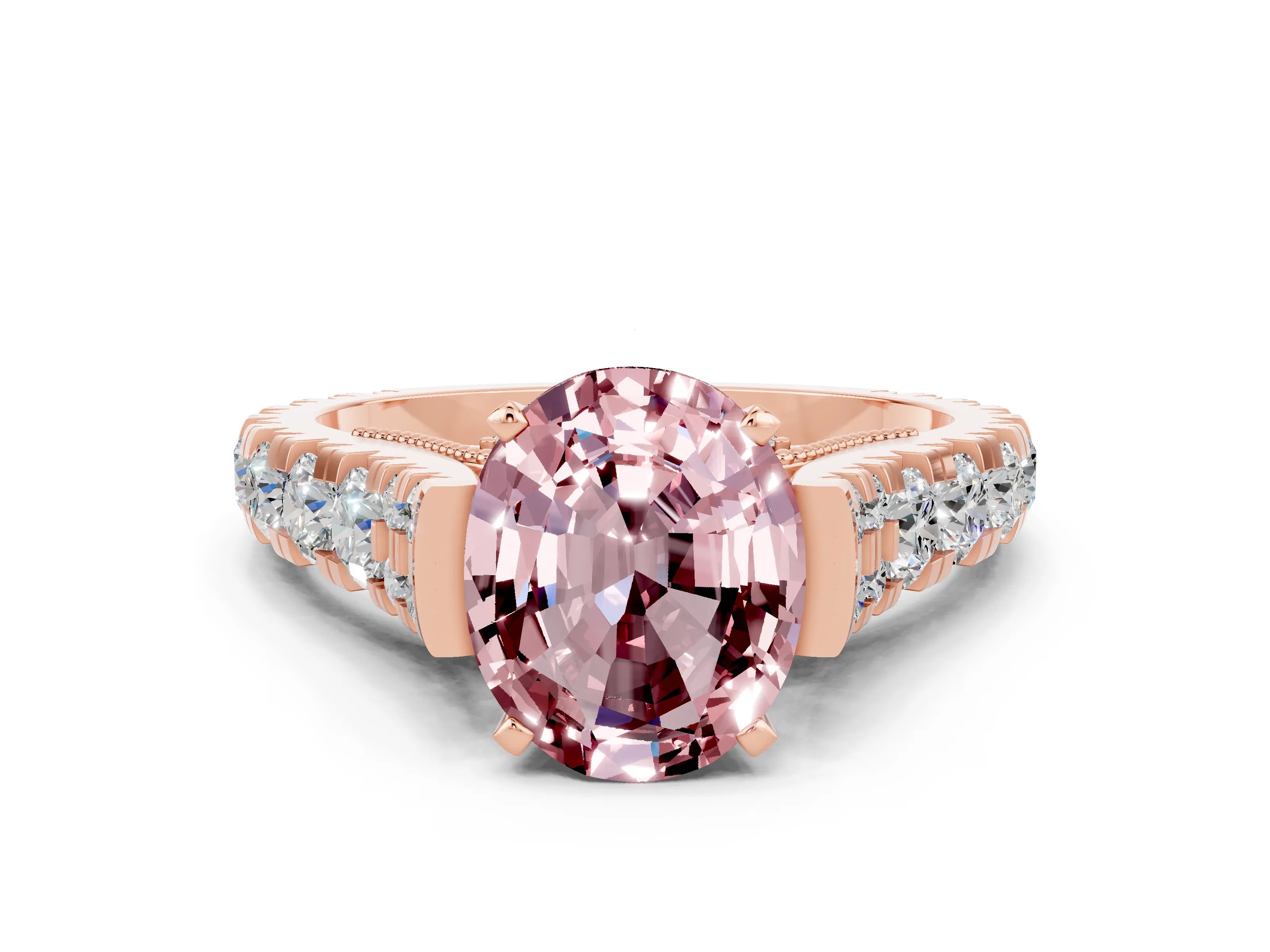 Rose gold Oval Cut Morganite Classic Solitaire Ring with Pavé Band and Four-Prong Setting