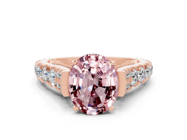 Rose gold Oval Cut Morganite Classic Solitaire Ring with Pavé Band and Four-Prong Setting