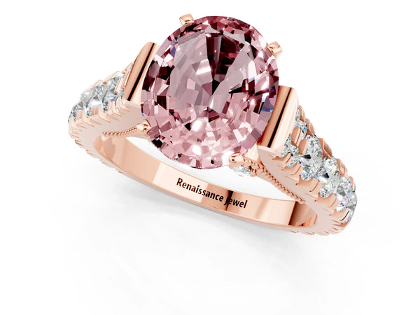 Rose gold Oval Cut Morganite Classic Solitaire Ring with Pavé Band and Four-Prong Setting