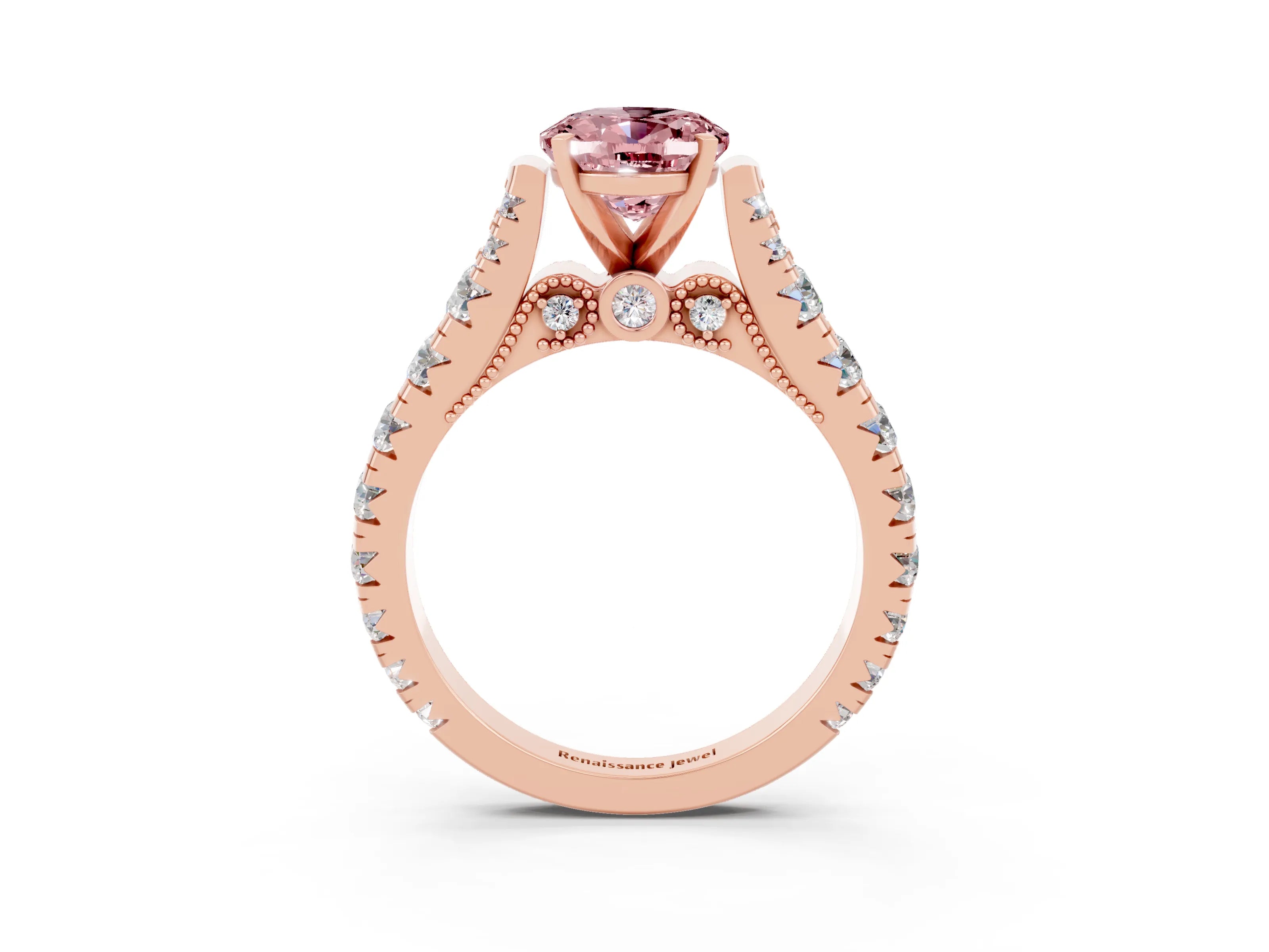 Rose gold Oval Cut Morganite Classic Solitaire Ring with Pavé Band and Four-Prong Setting_3