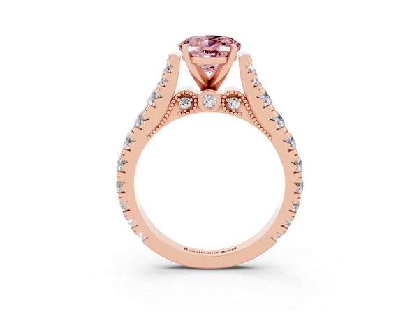 Rose gold Oval Cut Morganite Classic Solitaire Ring with Pavé Band and Four-Prong Setting