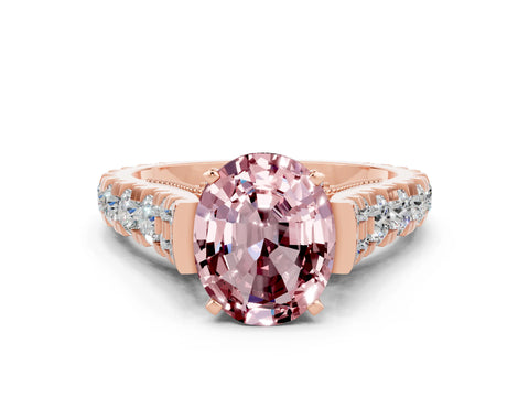 Rose gold Oval Cut Morganite Classic Solitaire Ring with Pavé Band and Four-Prong Setting