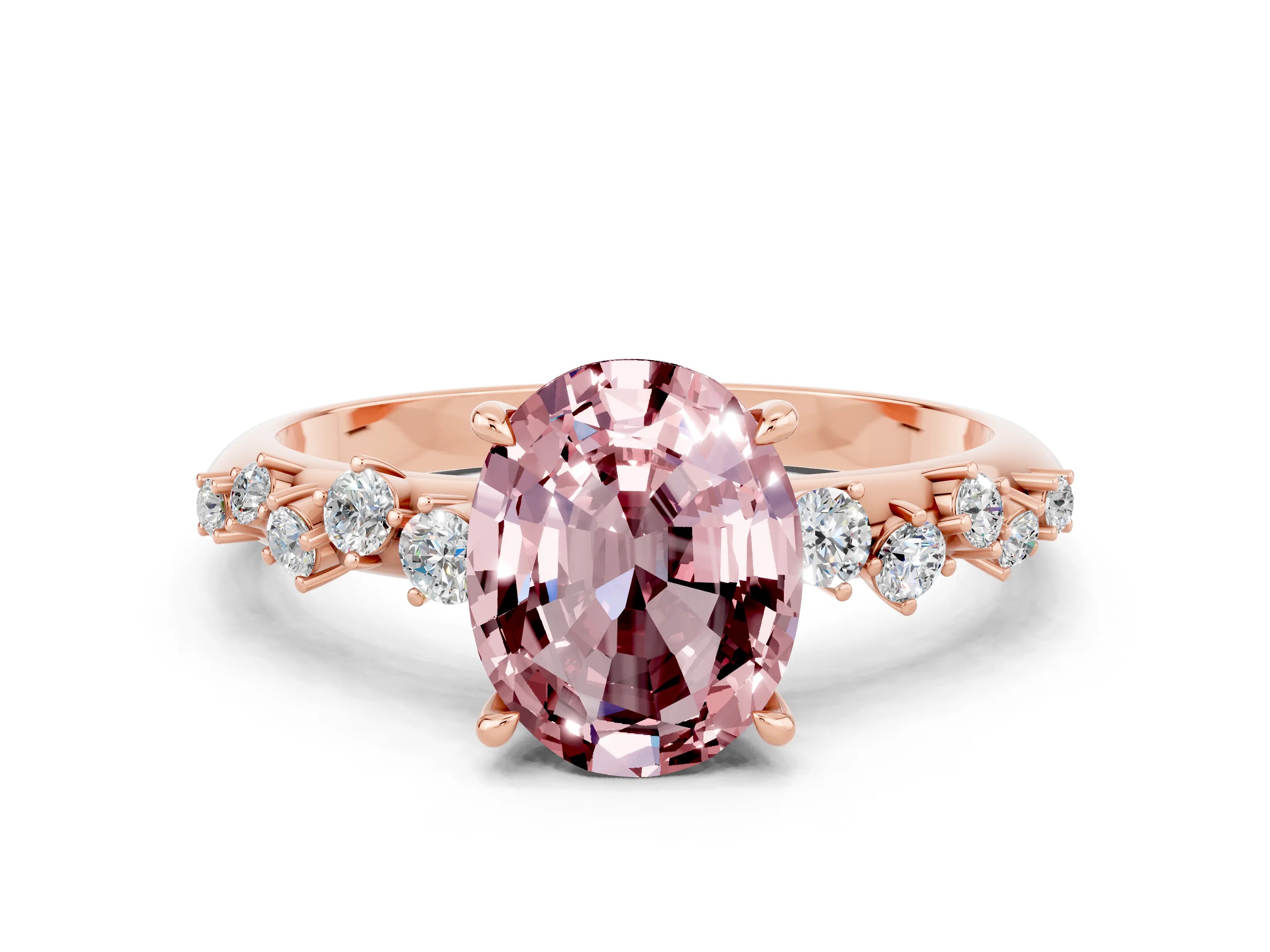 Rose gold Oval Cut Morganite Cluster Side Stone Solitaire Ring with Prong Setting_24