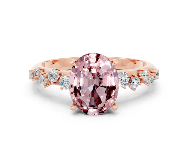Rose gold Oval Cut Morganite Cluster Side Stone Solitaire Ring with Prong Setting
