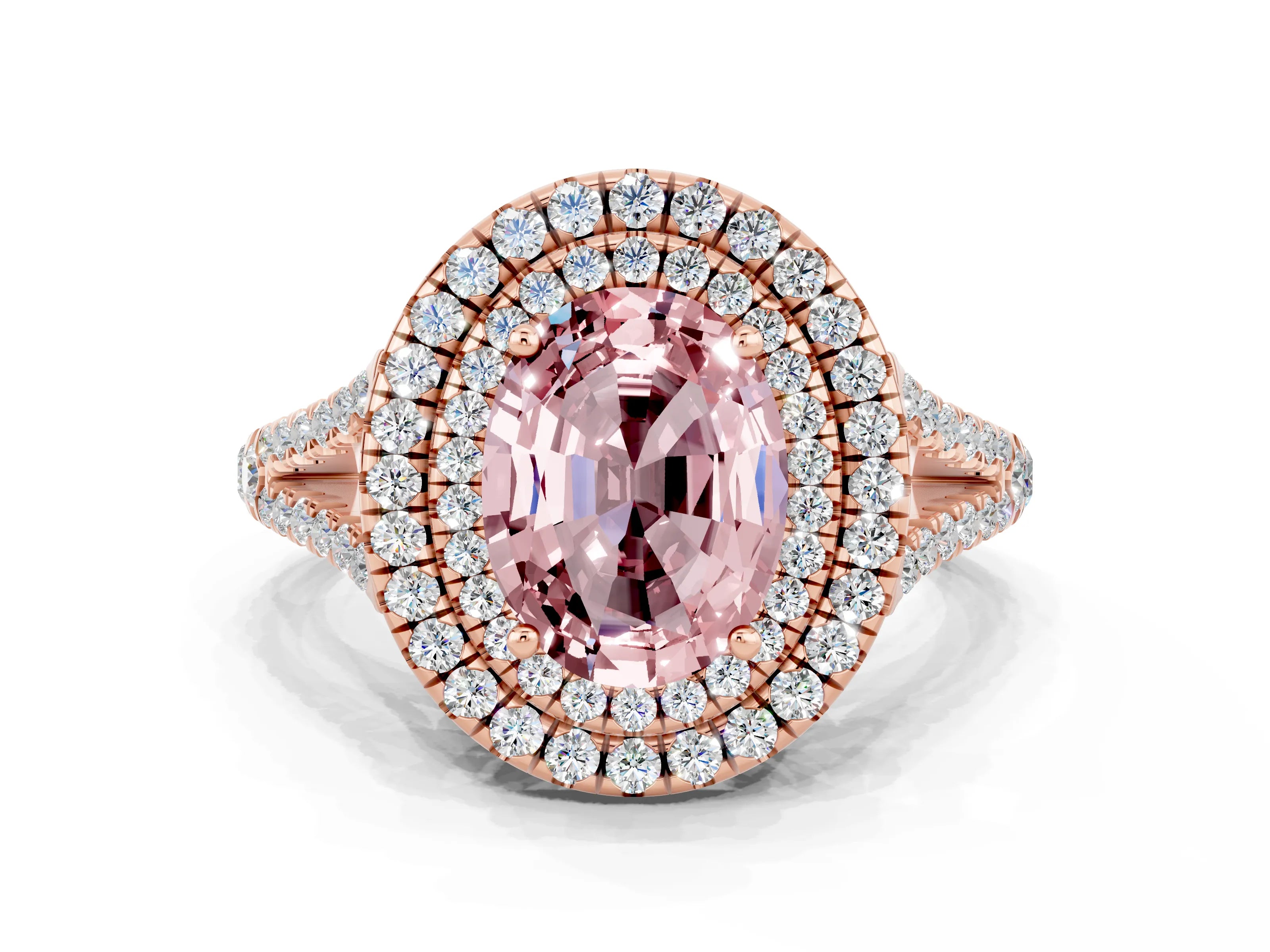 Rose gold Oval Cut Morganite Double Halo Ring with Pavé Band and Prong Setting_12