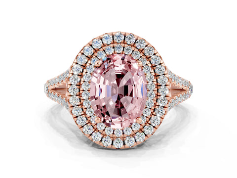 Rose gold Oval Cut Morganite Double Halo Ring with Pavé Band and Prong Setting_12