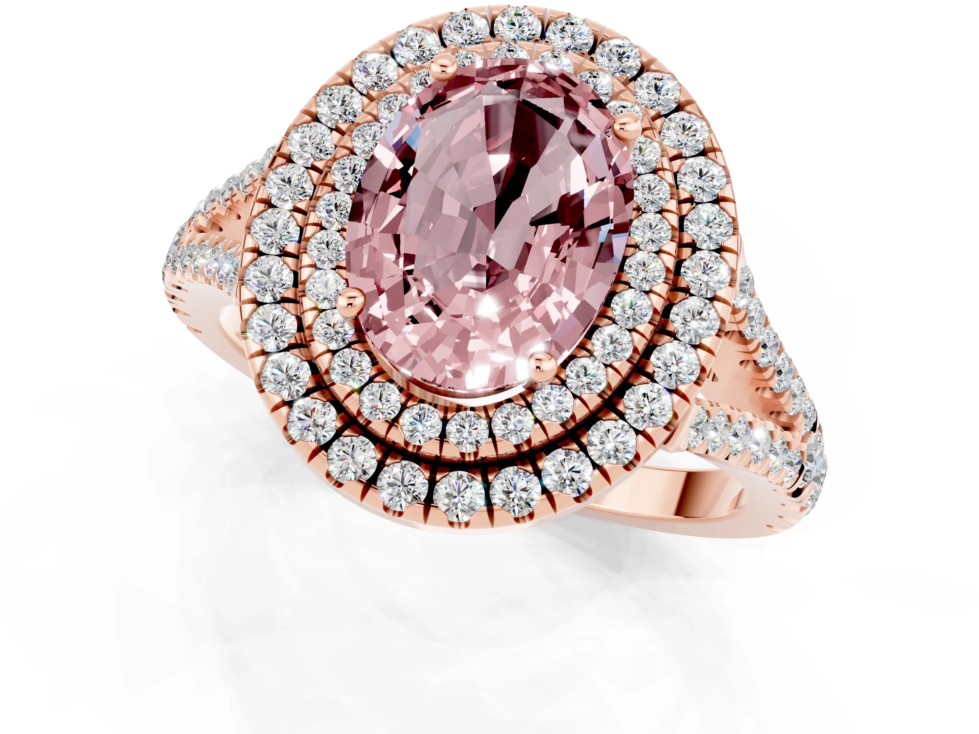 Rose gold Oval Cut Morganite Double Halo Ring with Pavé Band and Prong Setting_13