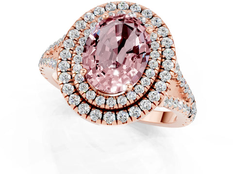 Rose gold Oval Cut Morganite Double Halo Ring with Pavé Band and Prong Setting_13