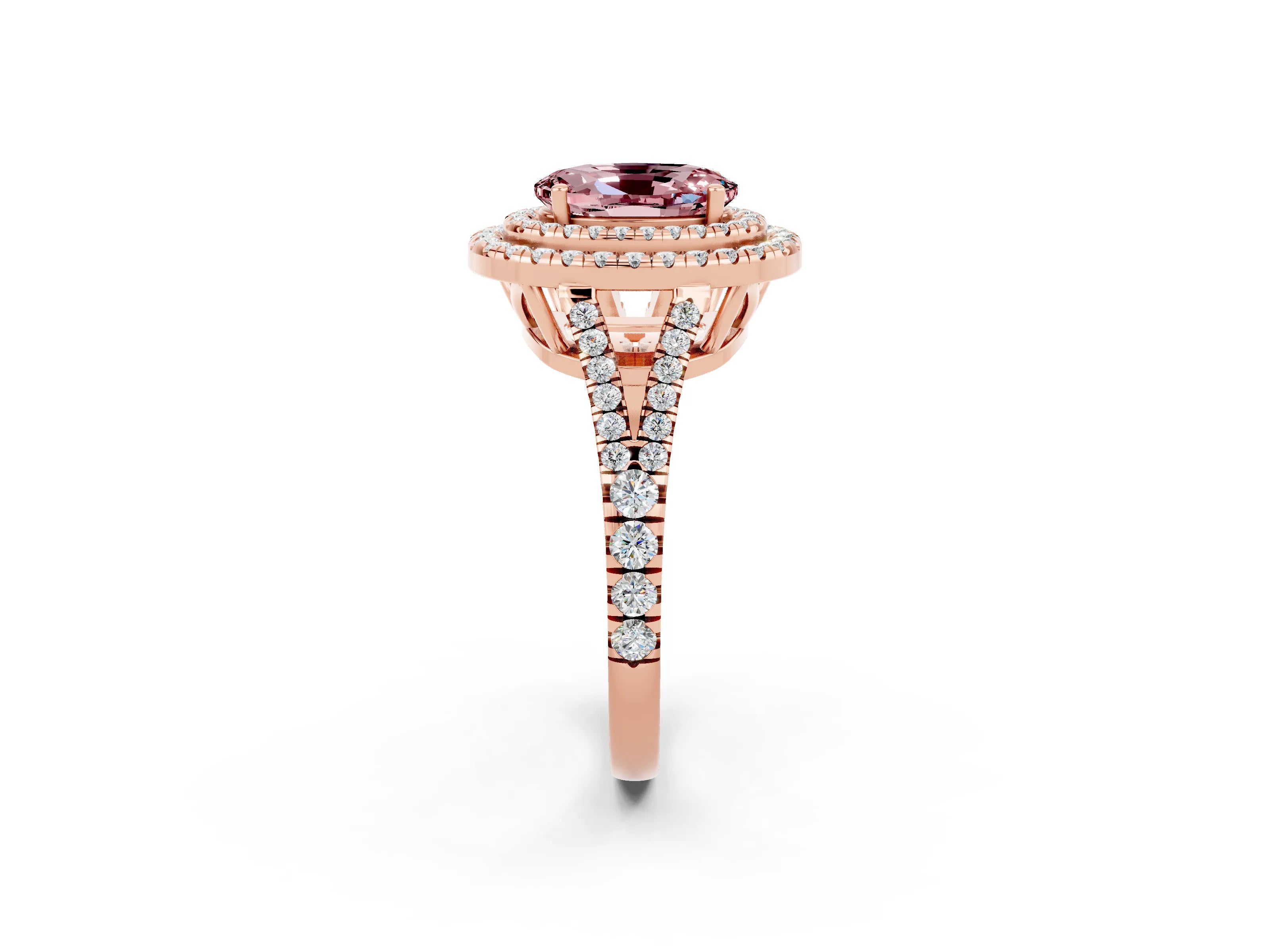 Rose gold Oval Cut Morganite Double Halo Ring with Pavé Band and Prong Setting_14