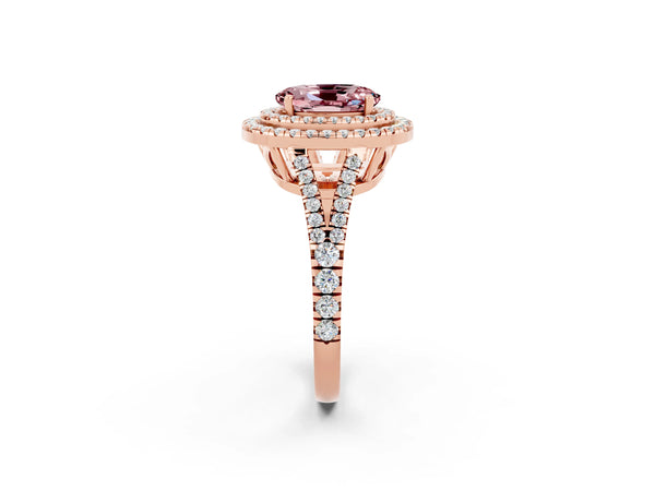 Rose gold Oval Cut Morganite Double Halo Ring with Pavé Band and Prong Setting