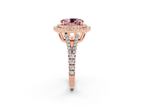 Rose gold Oval Cut Morganite Double Halo Ring with Pavé Band and Prong Setting_14
