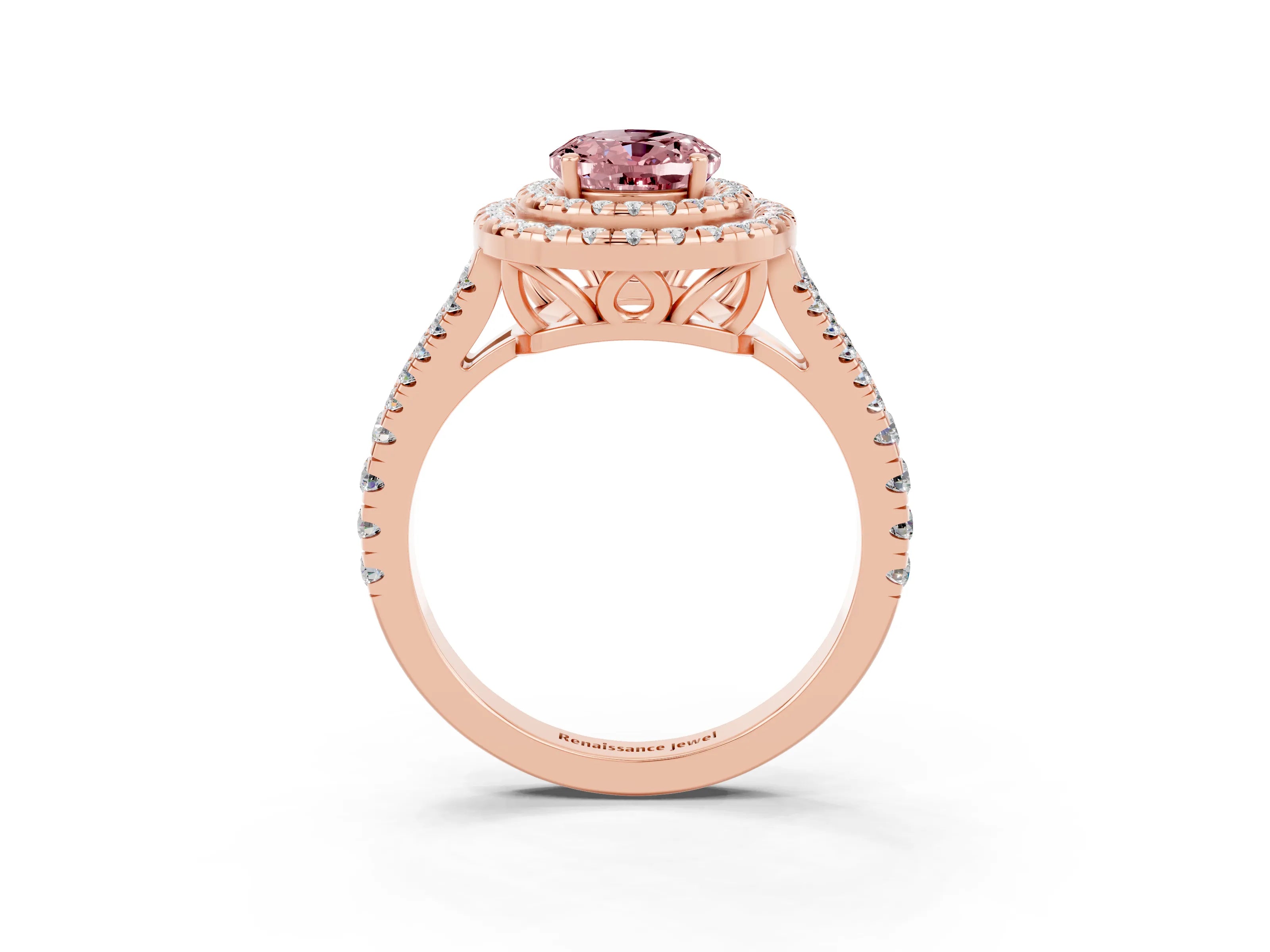 Rose gold Oval Cut Morganite Double Halo Ring with Pavé Band and Prong Setting_15