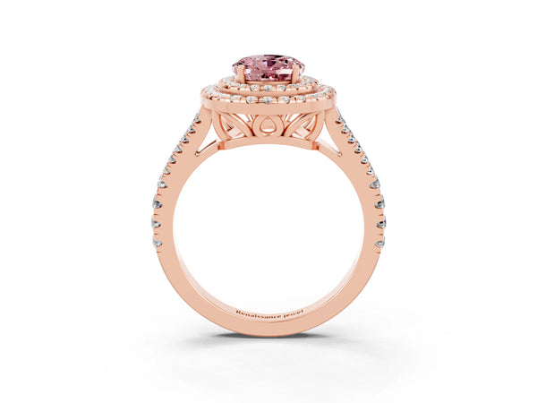 Rose gold Oval Cut Morganite Double Halo Ring with Pavé Band and Prong Setting