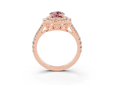 Rose gold Oval Cut Morganite Double Halo Ring with Pavé Band and Prong Setting_15