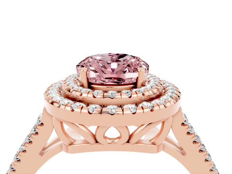 Rose gold Oval Cut Morganite Double Halo Ring with Pavé Band and Prong Setting_16