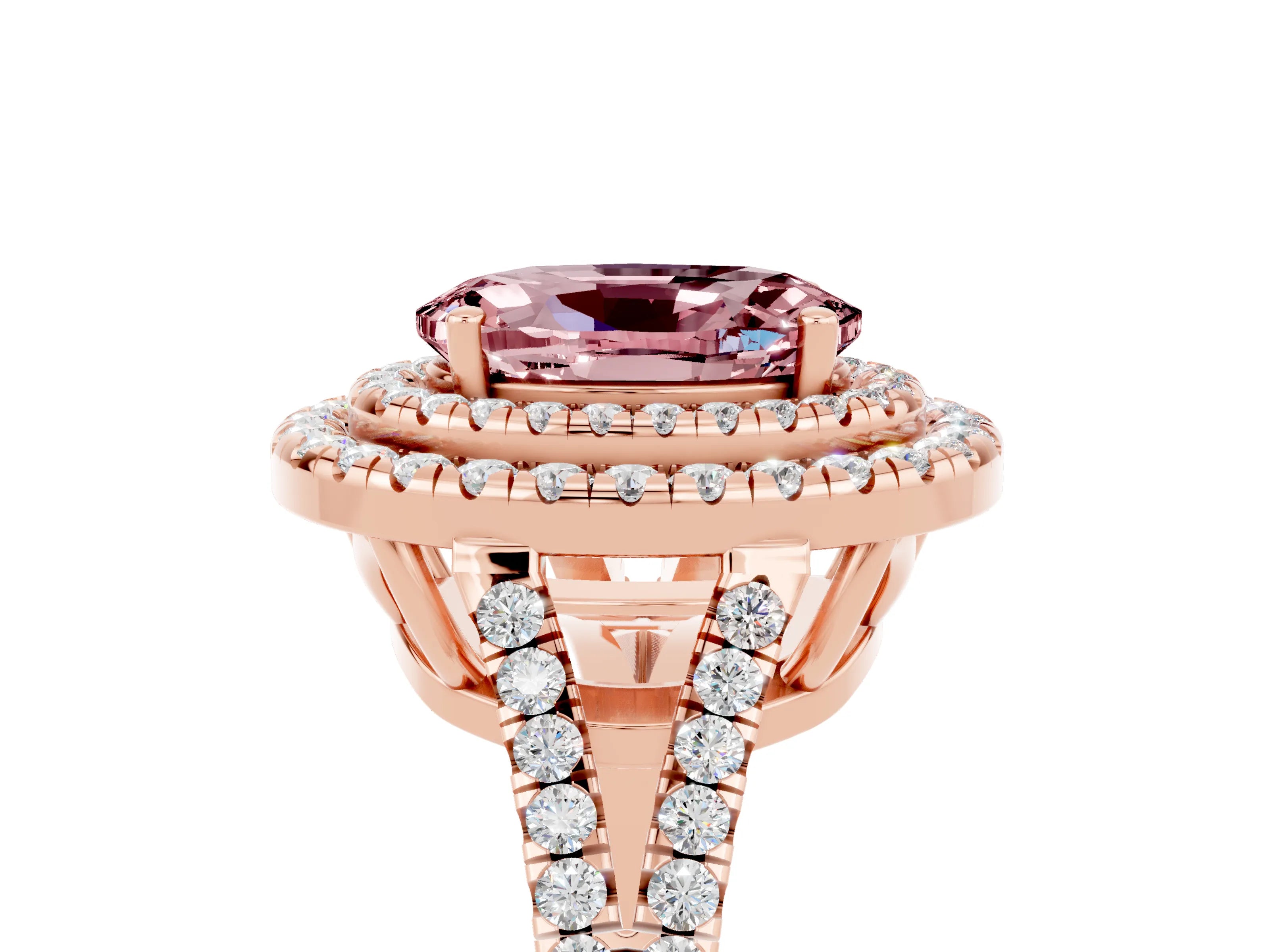 Rose gold Oval Cut Morganite Double Halo Ring with Pavé Band and Prong Setting_17