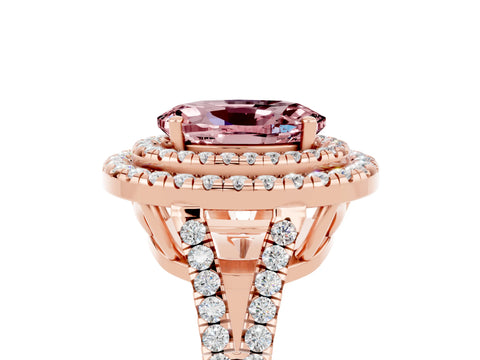 Rose gold Oval Cut Morganite Double Halo Ring with Pavé Band and Prong Setting_17