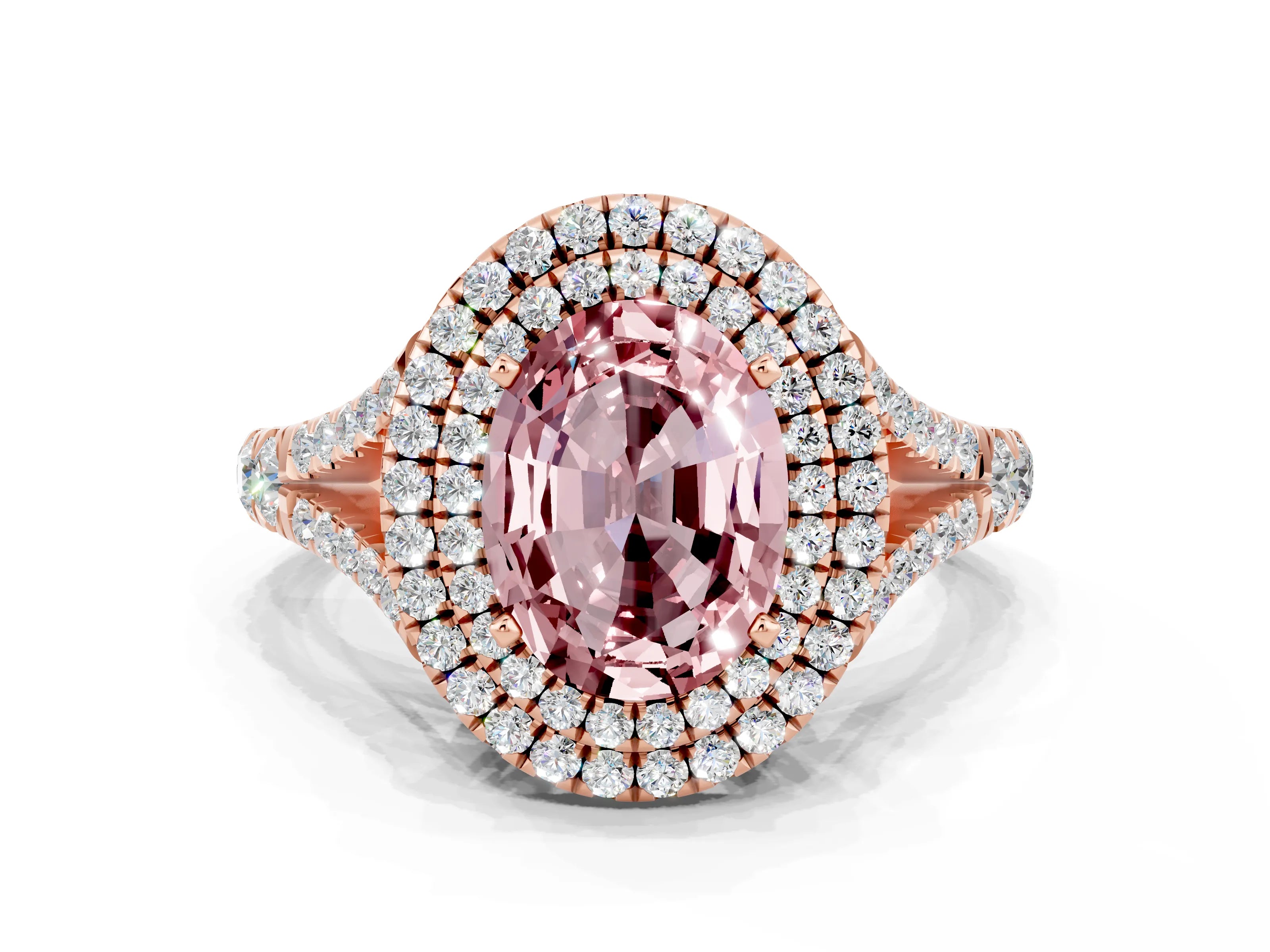 Rose gold Oval Cut Morganite Double Halo Ring with Split Shank and Prong Setting_12